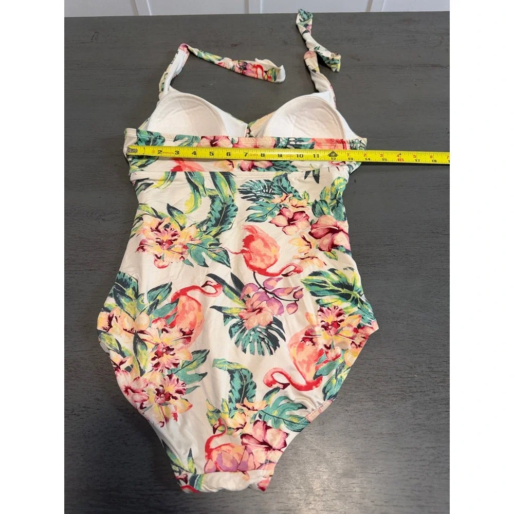 Merona Women Tropical Flamingo Floral One Piece Swimsuit Halter Ruched Cream S